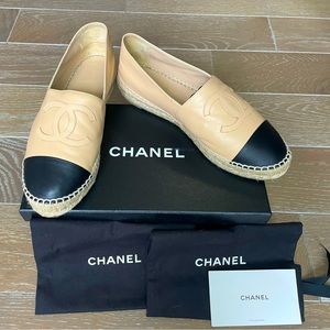 Chanel Lambskin Leather CC Espadrilles, Beige & Black, EU40